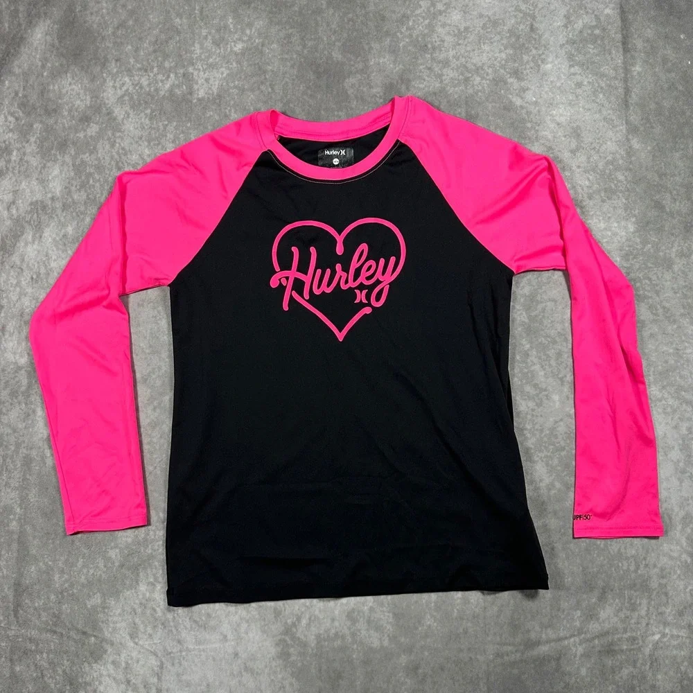 Hurley Girls Rash Guard Long Sleeve UPF‎ 50 Swim Shirt Pink Black Heart L 14/16